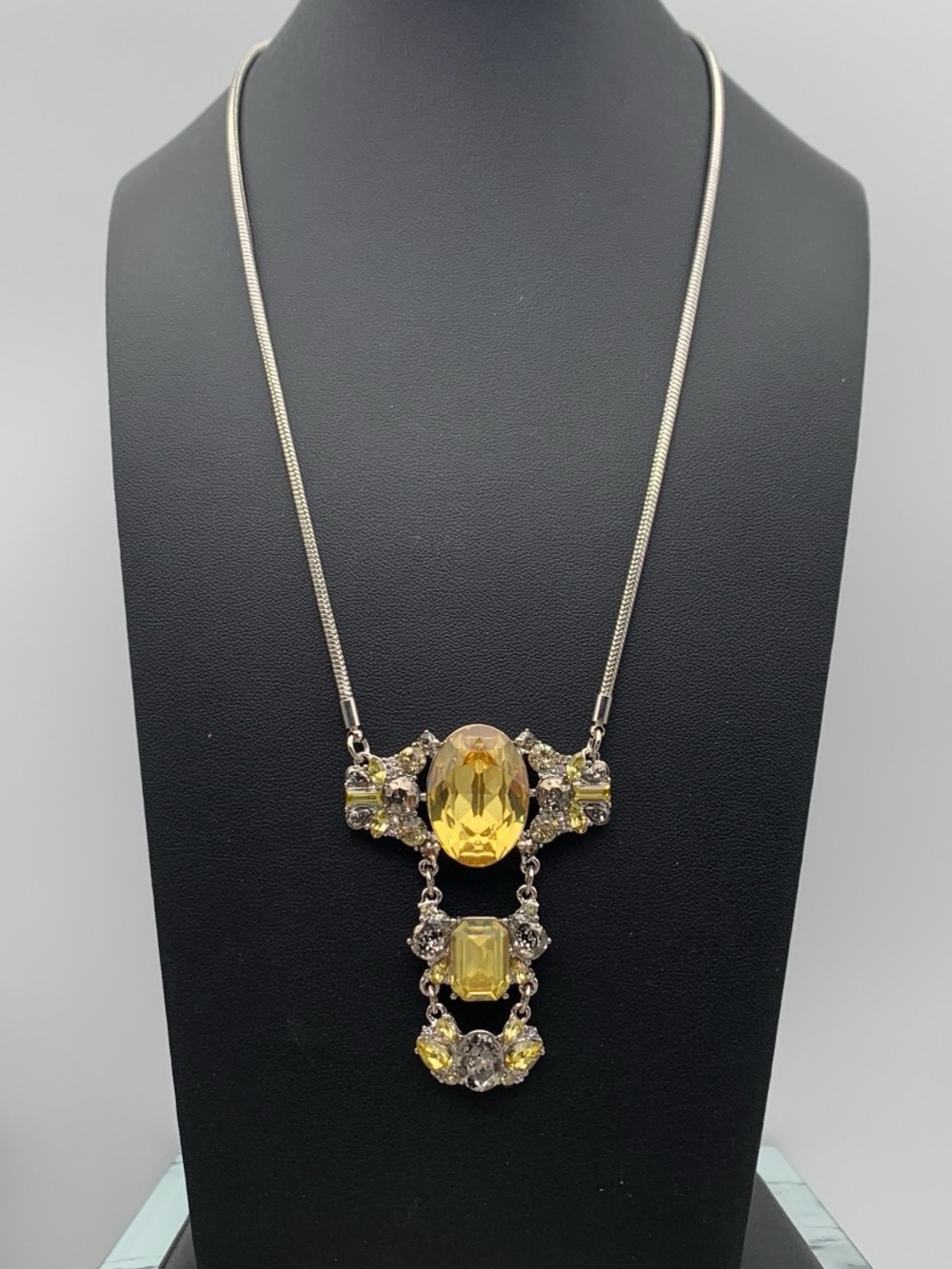 NWT Lydell NYC Yellow Crystal Pendant Necklace silver tone snake chain 18-20”
